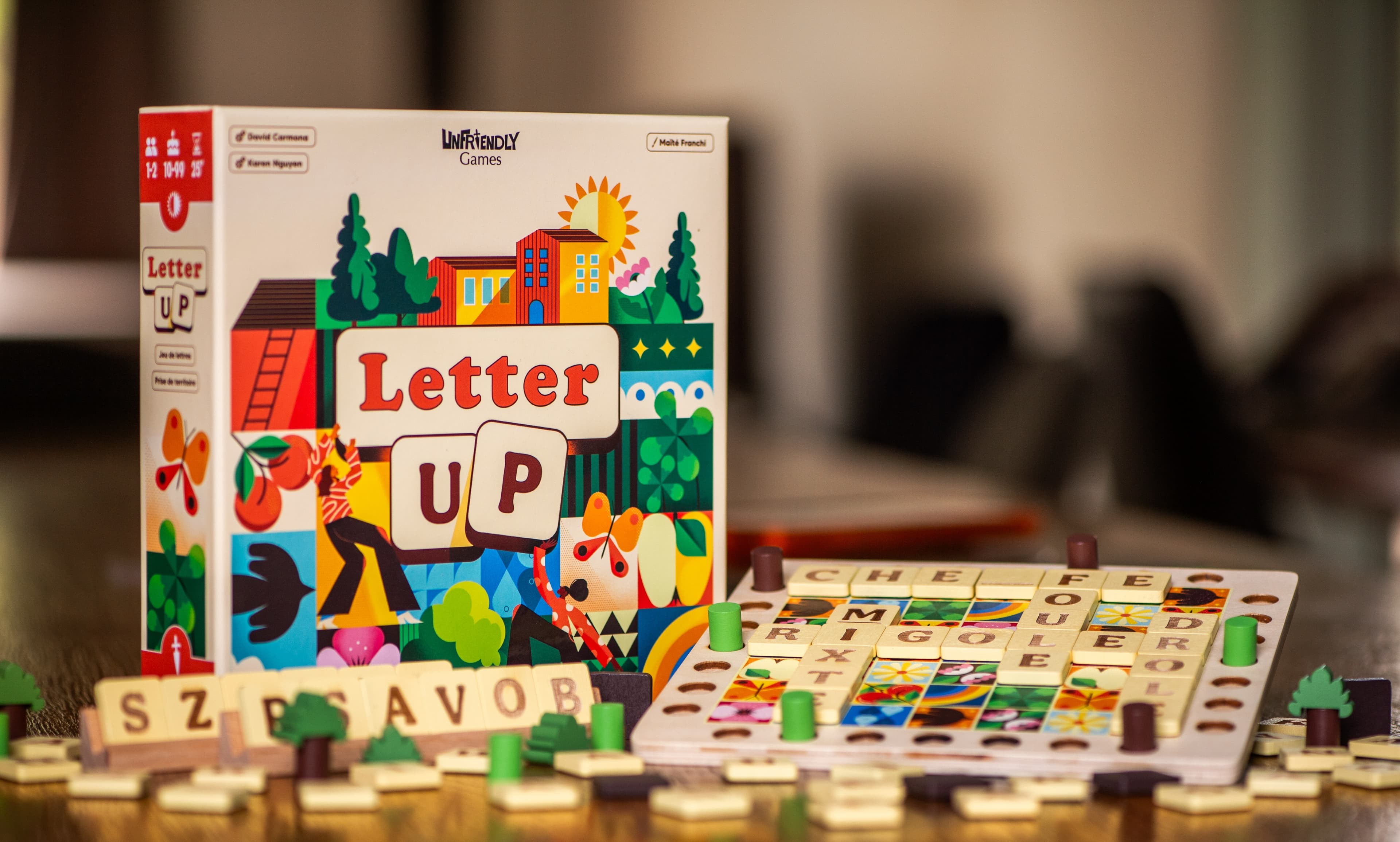 The Letter UP box standing in front of the game board